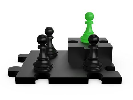 Black pawns on puzzle cells with one outstanding green leader pawn on white isolated background.