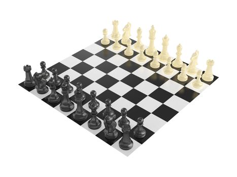 Chess board with starting positions aligned chess pieces isolated on white, general view.