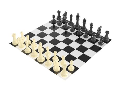 Chess board with starting positions aligned chess pieces isolated on white, general view.
