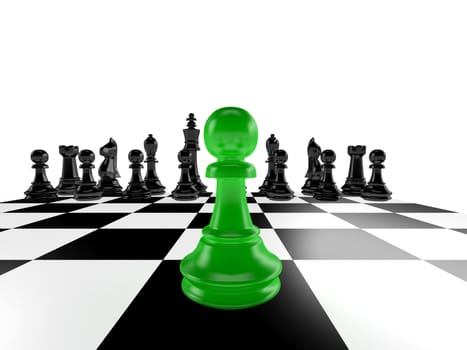 Green pawn against black chess pieces on chess board.