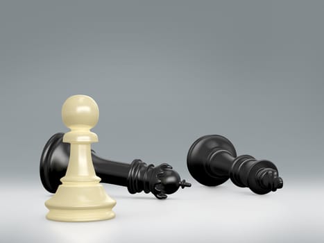 Victory concept. Yellow pawn defeats black king and queen.