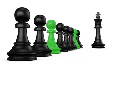 Talented green pawns standing out from the crowd, arranged pawns and black king.