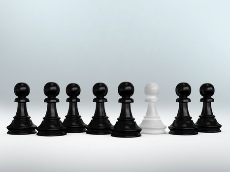 White pawn standing out from the crowd which are black pawns.
