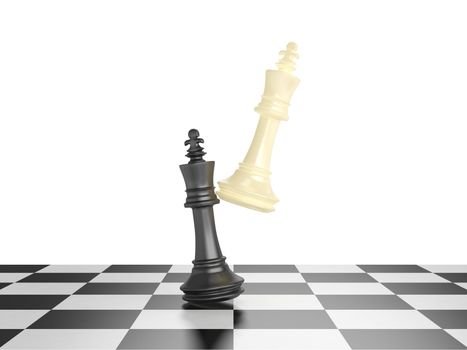 King moves to win the chess game against to black piece of chess on chess board on white isolated background.