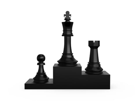Black victory podium with chess pieces, first king, second rook, third pawn on white isolated background.