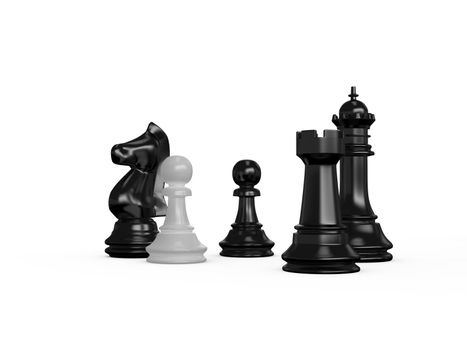 Black and white chess pieces on white background.