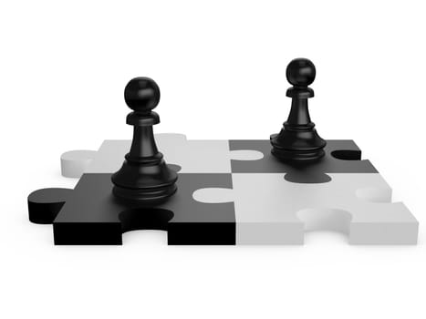 Two black pawns on puzzle cells on white isolated background.
