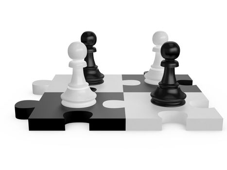 Two black and two white pawns on puzzle cells on white isolated background.