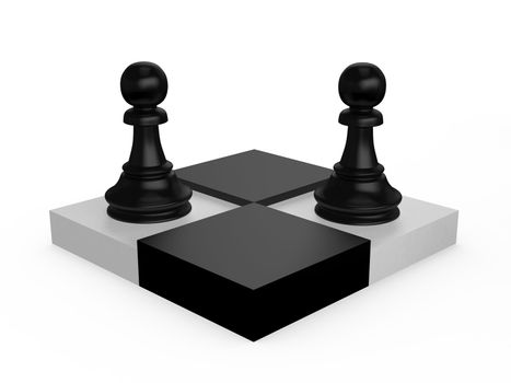 Black pawns on dark and light extruded chess cells on white background.