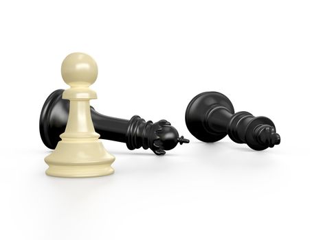 Victory concept. Yellow pawn defeats black king and queen on white isolated background.