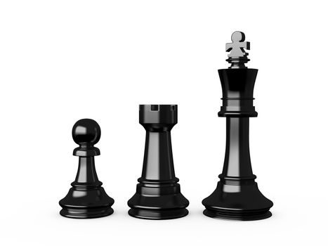 Pawn, rook and king with high quality reflection on white isolated background.