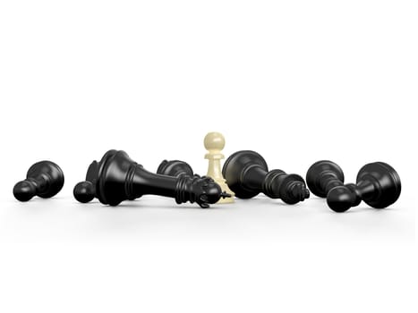 Victory concept. Light pawn defeats dark chess pieces, pawns, queen and king on white background.