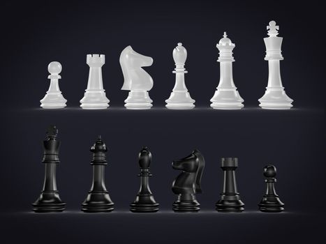 Black and white chess set on dark background.