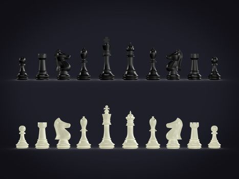 Black and white complete set of chess pieces on dark background.