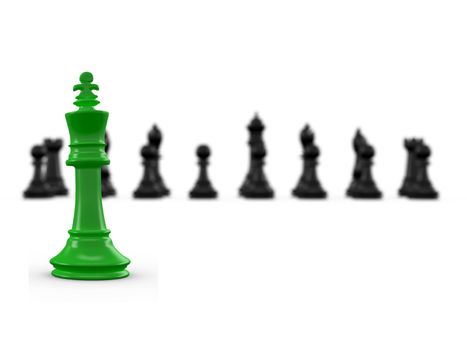 Green king chess piece with others in background. Depth of field, focus on foreground on white isolated background.
