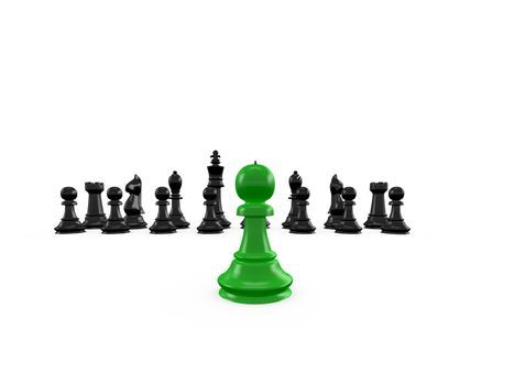 Green pawn against black chess pieces on white background