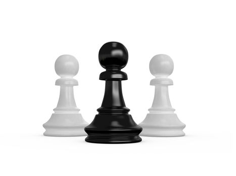 Leadership concept. Black pawn is leader of others on white background.