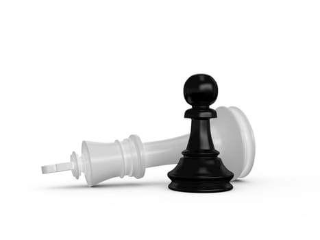 Victory concept. Black pawn defeats white king on white isolated background.