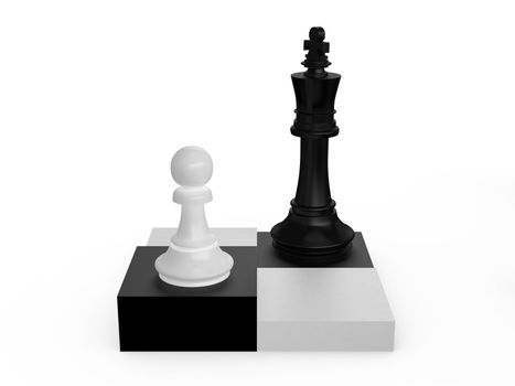 Black king and white pawn on dark and light extruded chess cells on white background.