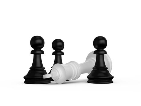 Victory concept. Black pawns defeats white king on white isolated background.