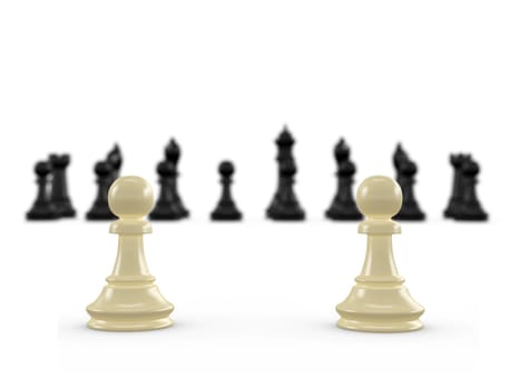 Two white pawns against black chess pieces on white background.