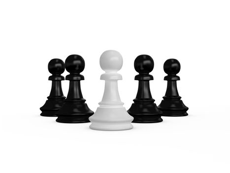 Leadership concept. White pawn is leader of others on white background.