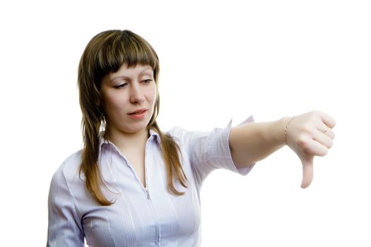 young girl is a gesture of contempt. white background