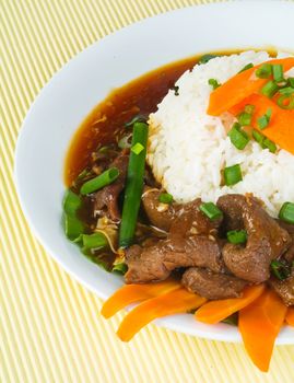 beef stir-fry with vegetable and rice asia food