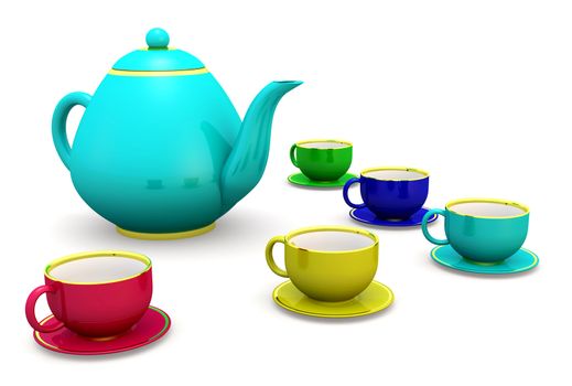 cups with teapot over white, 3d illustration