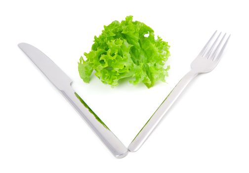 green leaves lettuce with fork and knife isolated on white