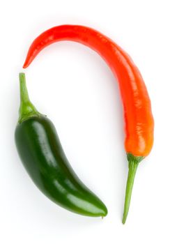 Hot chili pepper and green Jalapeno pepper isolated on white