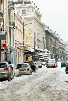 snow on Kralja Petra street in Belgrade at winter
