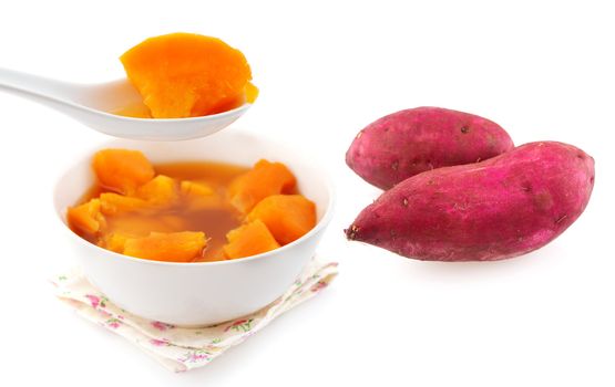 Sweet potato soup and sweet potatoes. Asian style dessert soup. Cooked with brown rock candy and ginger.