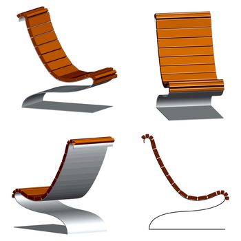 wooden 3d chairs with steel frames against white background, abstract vector art illustration