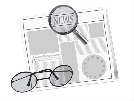 newspaper, magnifying glass and glasses, abstract vector art illustration; image contains transparency