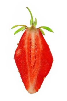 Juicy strawberry slice taken closeup isolated on white background.