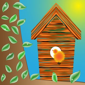 birds house on a tree, leaves and water drops; abstract vector art illustration; image contains transparency