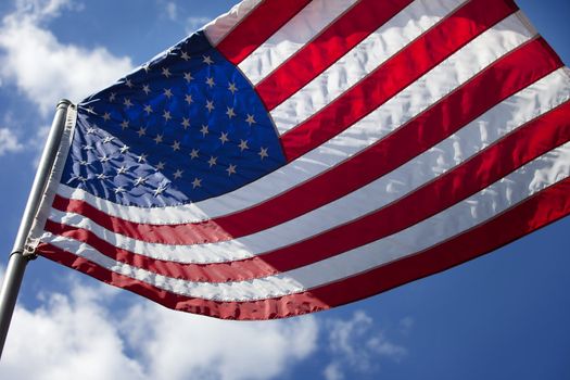 One United States of America flag shot from low angle on sunny day