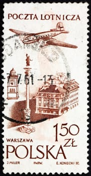 POLAND - CIRCA 1957: a stamp printed in the Poland shows Plane over Castle Square, Warsaw, circa 1957