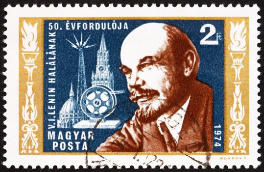 HUNGARY - CIRCA 1974: a stamp printed in the Hungary shows Vladimir Lenin, Revolutionary and Politician, 50th Anniversary of the Death of Lenin, circa 1974