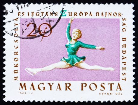 HUNGARY - CIRCA 1963: a stamp printed in the Hungary shows Ice Skater, European Figure Skating and Ice Dancing Championships, Budapest, circa 1963