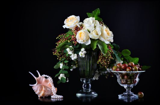 Still life with white roses  and fresh gooseberry