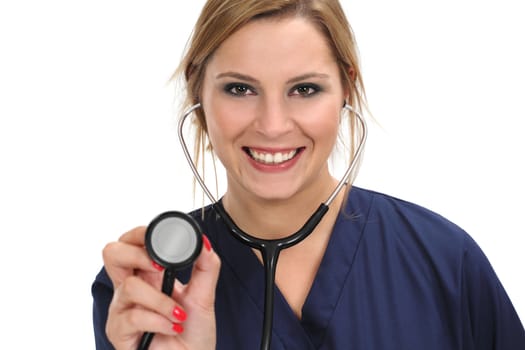 Photo of a happy smiling female doctor or nurse holding a stethoscope. 