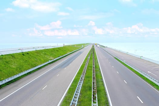 Highway on a great dam in  Netherlands