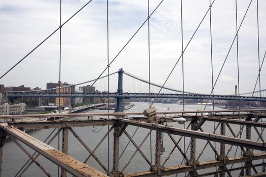 A view on New York City from the Brooklyn Bridge.