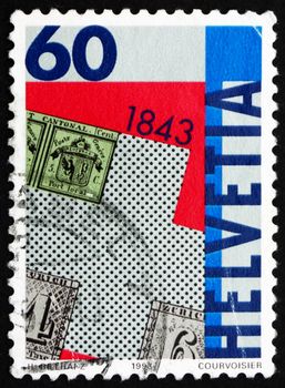 SWITZERLAND - CIRCA 1993: a stamp printed in the Switzerland shows Postage Stamp Zurich Types A1 and A2, 150th Anniversary of First Swiss Postage Stamps, circa 1993