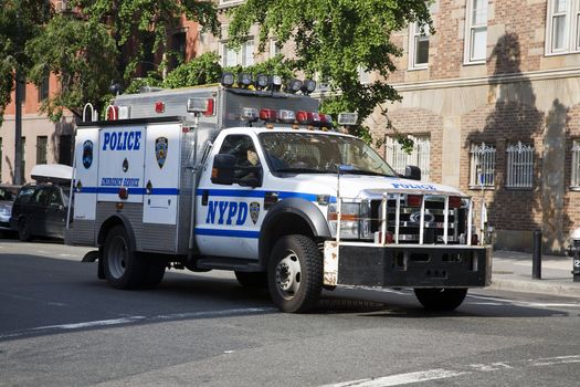 Police truck on patrol in New York city.