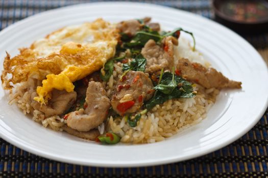 Pork fried rice with basil, Thai food is delicious.