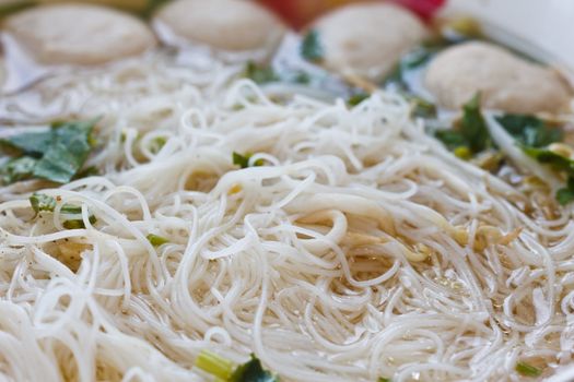 Asian cuisine, rice noodles with fish ball and meat ball
