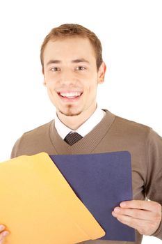 Young well-dressed smiling man in formalwear is holding a yellow envelope and blue file for documents. Isolated on white background.